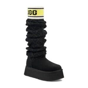 NEW UGG CLASSIC SWEATER LETTER KNIT SUEDE PLATFORM BOOTS BLACK SIZE US 9